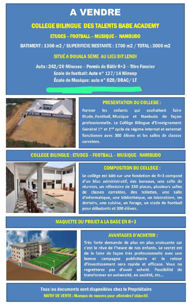 COMPLEXE SCOLAIRE À VENDRE – DOUALA 5ᵉ, LENDI